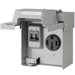 Toma NEMA 1450R con caja metálica, tapa con seguridad y breaker 2x50A