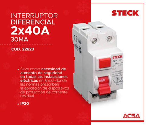 INTERRUPTOR DIFERENCIAL 2X40A – 30MA – SDR – STECK - Image 2